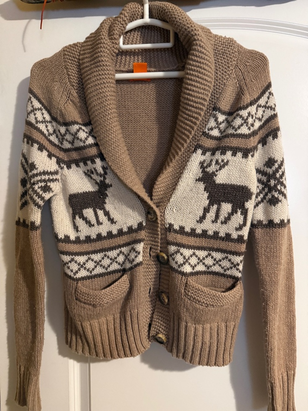 Light Brown Shawl Collar Reindeer Knit Cardigan